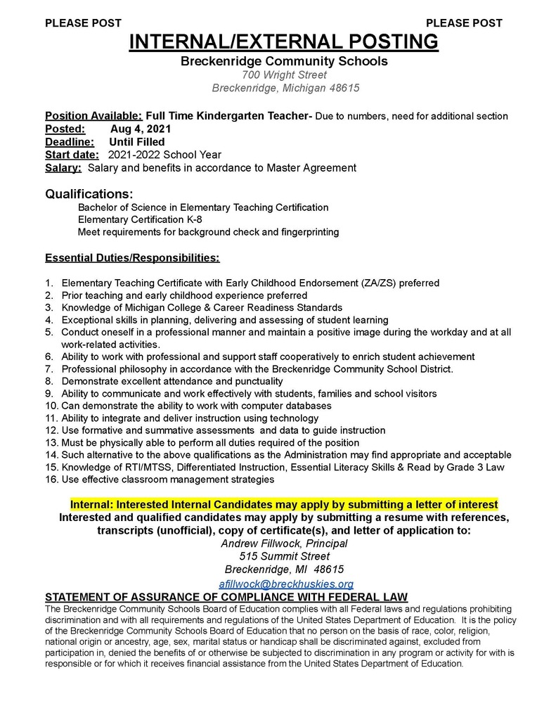 Kindergarten Teacher Position