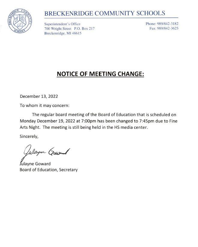 Notice of meeting change
